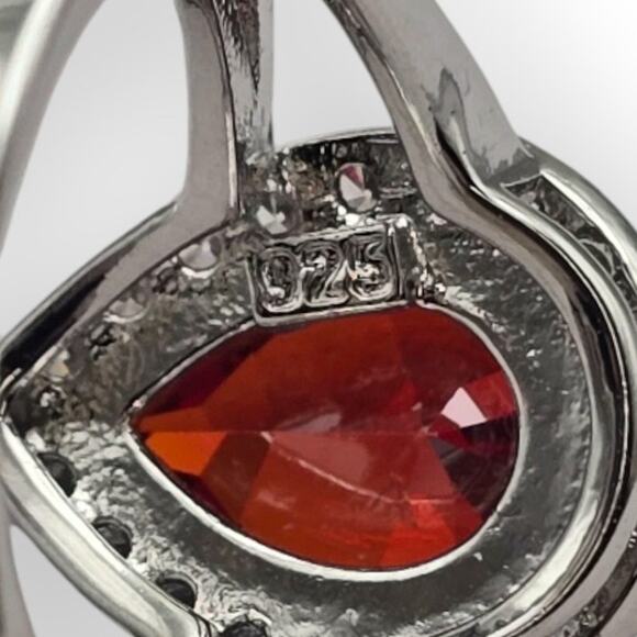 Red Pear-Cut Stone – Sterling Silver 925 – Halo Statement Ring – Size 7.5 - Picture 7 of 10